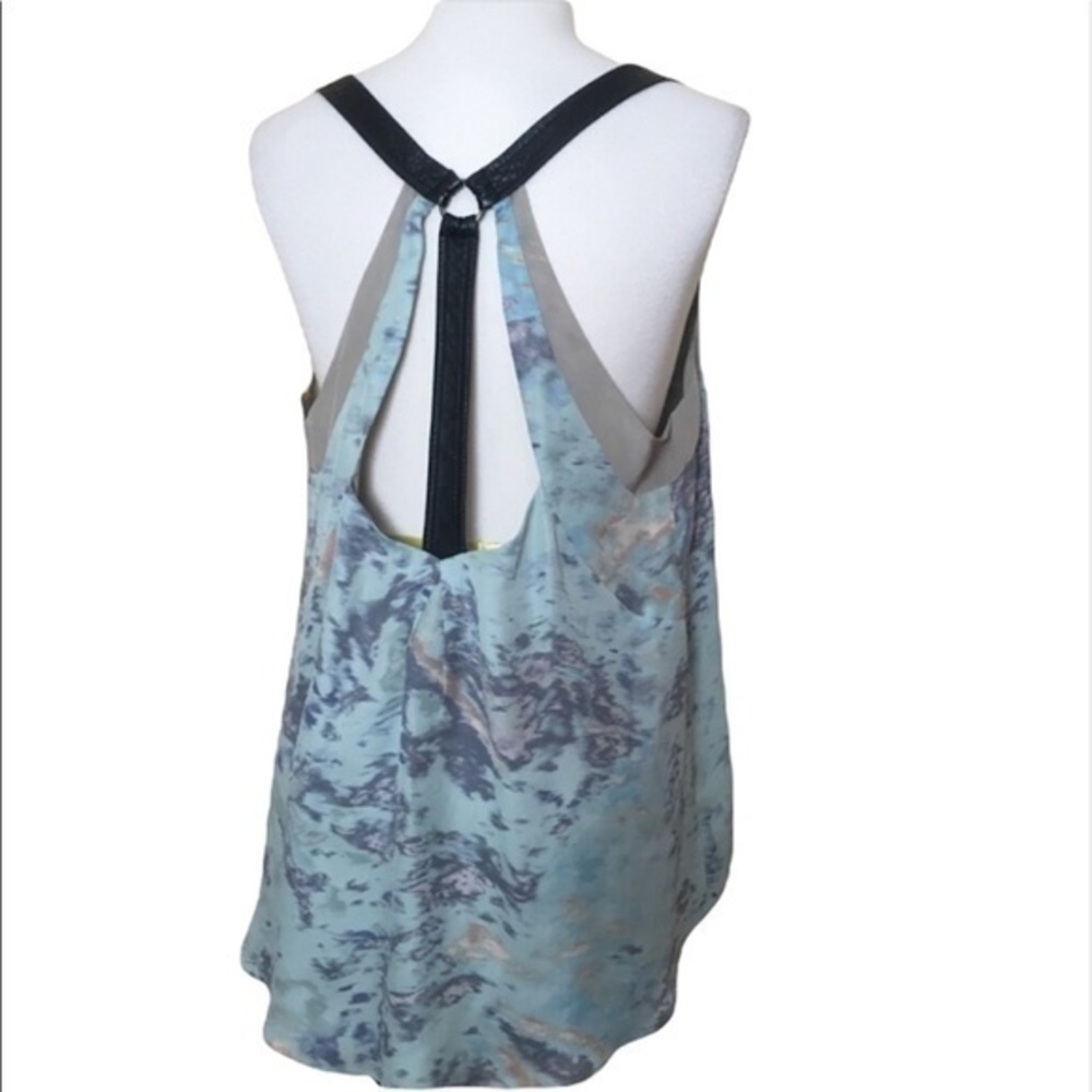 REBECCA MINKOFF WATERCOLOR BLUE LEATHER STRAP SILK RACERBACK TANK TOP 0